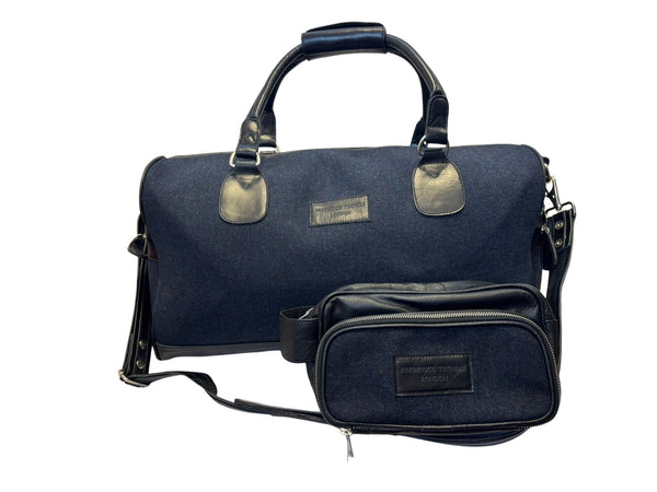 Luxury weekend overnight bag & matching wash bag in navy blue with black leather handles