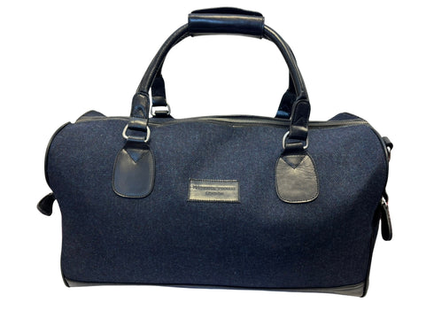 Luxury weekend overnight bag & matching toiletries wash bag navy blue with black leather handles