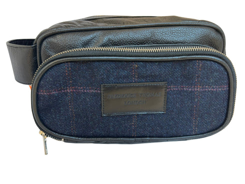 Luxury weekend overnight bag & matching toiletries wash bag navy blue with pink windowpane 100% wool tweed