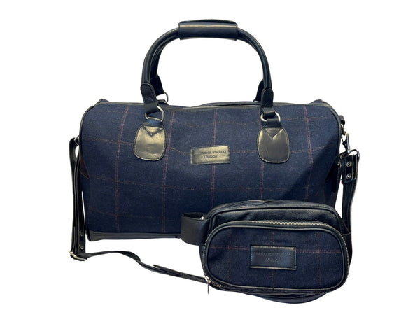 Luxury weekend overnight bag & matching toiletries wash bag navy blue with pink windowpane 100% wool tweed