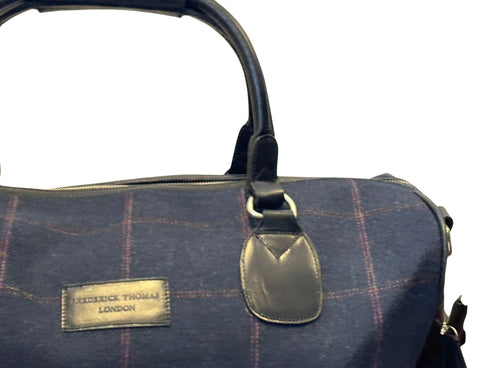 Luxury weekend overnight bag & matching toiletries wash bag navy blue with pink windowpane 100% wool tweed