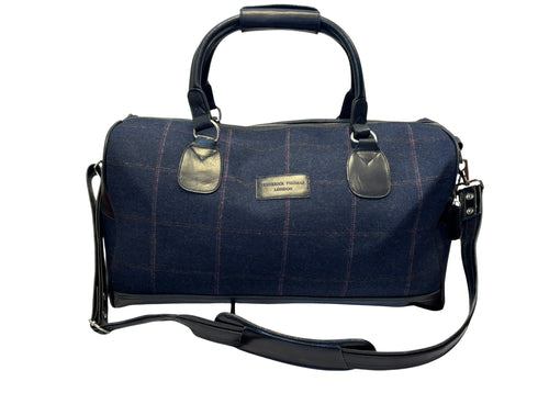 Luxury weekend overnight bag & matching toiletries wash bag navy blue with pink windowpane 100% wool tweed