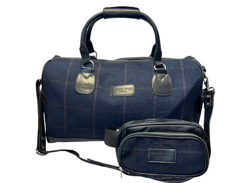 Luxury weekend overnight bag & matching toiletries wash bag navy blue with pink windowpane 100% wool tweed