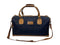 Luxury weekend overnight bag in navy blue check with tan leather handles