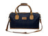 Luxury weekend overnight bag in navy blue check with tan leather handles
