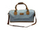 Luxury weekend overnight bag in light blue with tan leather handles