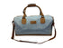 Luxury weekend overnight bag in light blue with tan leather handles