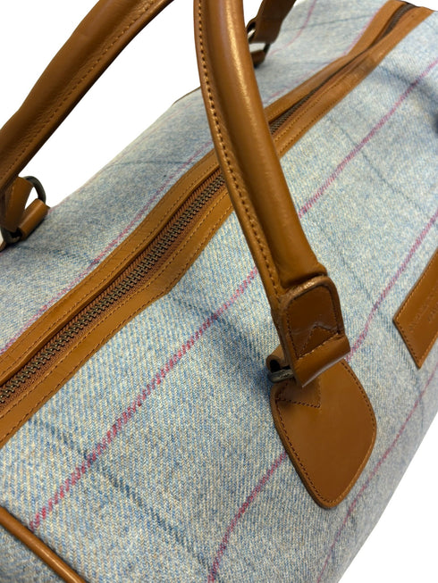 Luxury weekend overnight bag in medium blue check with leather handles