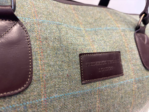 Luxury weekend overnight bag in hunter forest green with plaid check and leather handles