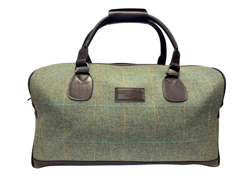 Luxury weekend overnight bag in hunter forest green with plaid check and leather handles