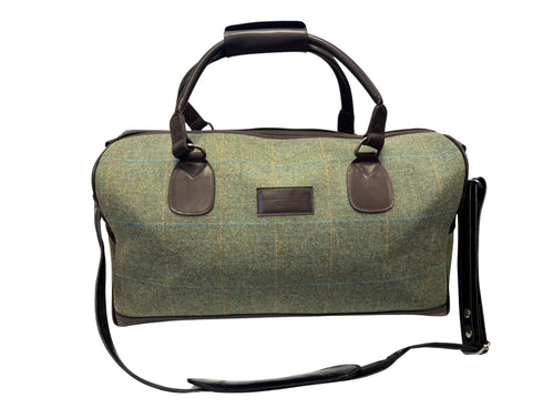 Luxury weekend overnight bag in hunter forest green with plaid check and leather handles