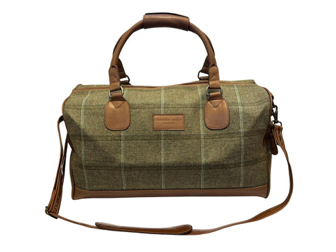 Luxury weekend overnight bag in forest green with plaid check and leather handles