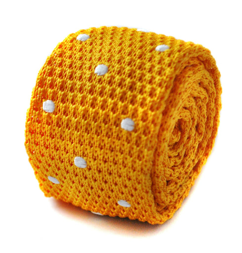 knitted yellow gold tie with white polka dots design