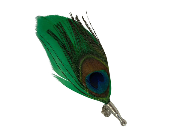 green peacock style feather lapel pin