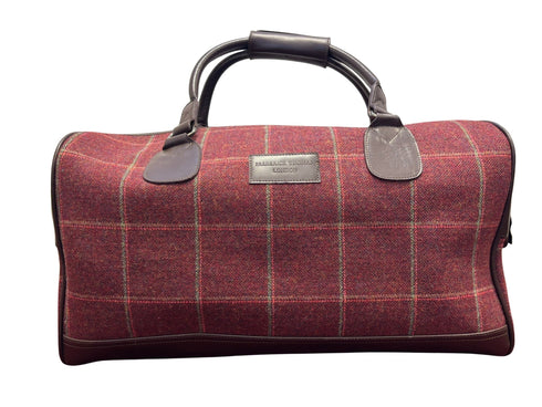 Luxury weekend overnight bag & toiletries wash bag in maroon red traditional check 100% wool tweed, leather straps