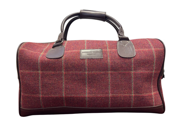 Luxury weekend overnight bag & toiletries wash bag in maroon red traditional check 100% wool tweed, leather straps