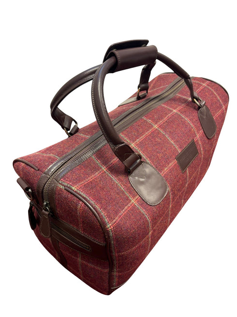Luxury weekend overnight bag & toiletries wash bag in maroon red traditional check 100% wool tweed, leather straps