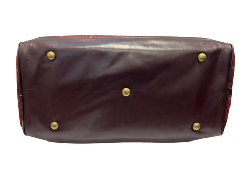Luxury weekend overnight bag & toiletries wash bag in maroon red traditional check 100% wool tweed, leather straps