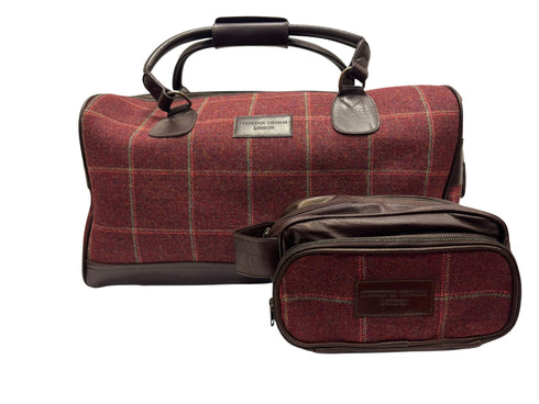 Luxury weekend overnight bag & toiletries wash bag in maroon red traditional check 100% wool tweed, leather straps