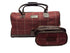 Luxury weekend overnight bag & toiletries wash bag in maroon red traditional check 100% wool tweed, leather straps