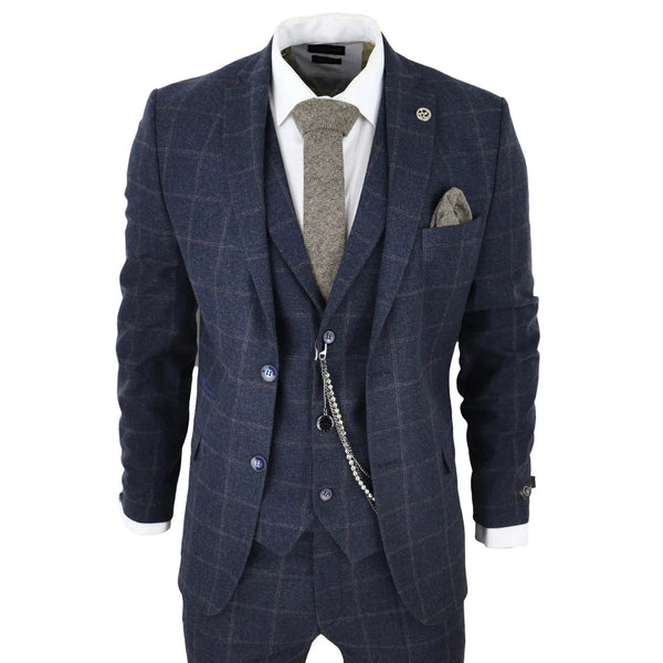 STZ72 - Men's 3 Piece Suit Wool Tweed Navy Blue Brown Check 1920s Gatsby Formal Dress Suits