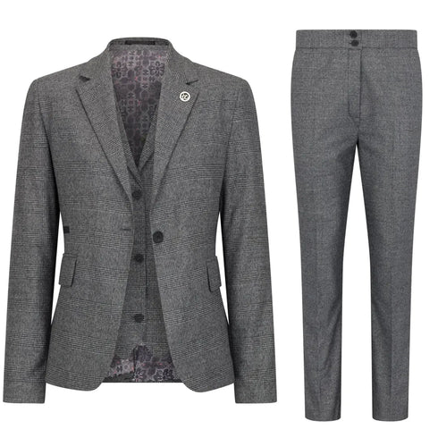 TPW51 - Women's Grey 3 Piece Prince Of Wales Check Suit