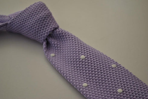 lavender purple skinny knitted tie with white polka dots