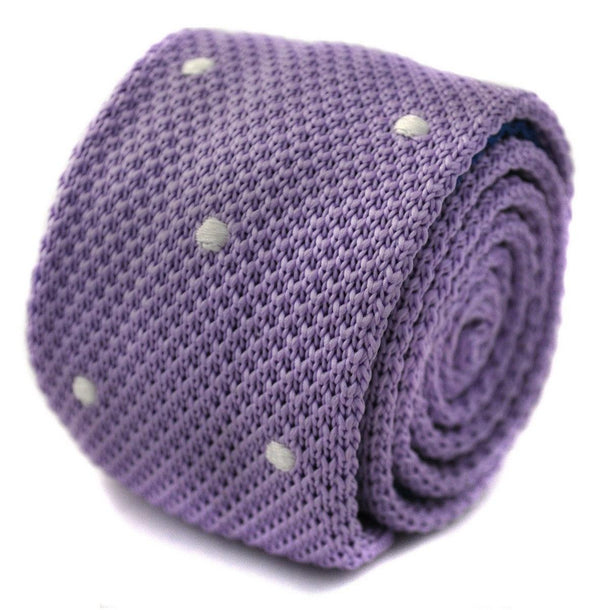 lavender purple skinny knitted tie with white polka dots