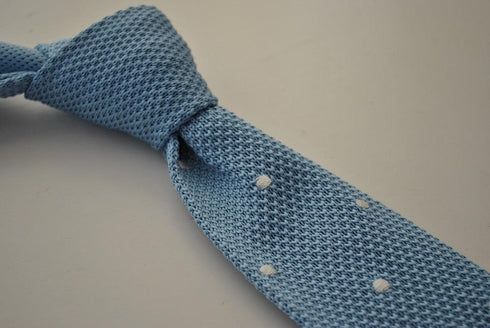 light blue tie skinny knitted tie with white polka dots