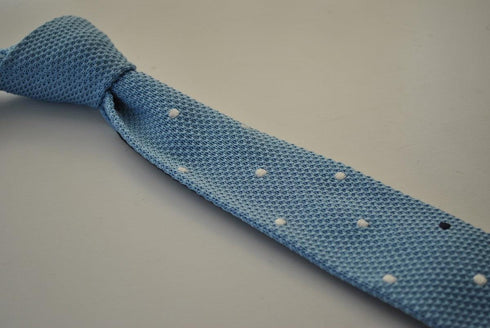 light blue tie skinny knitted tie with white polka dots