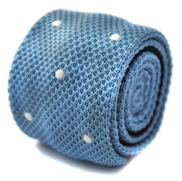 light blue tie skinny knitted tie with white polka dots