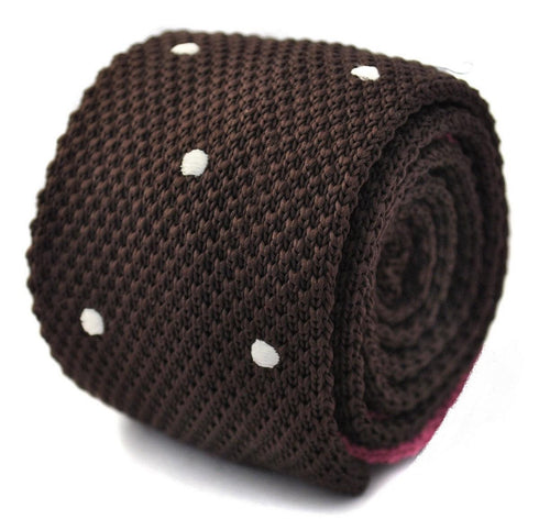 chocolate brown skinny knitted tie with white polka dots