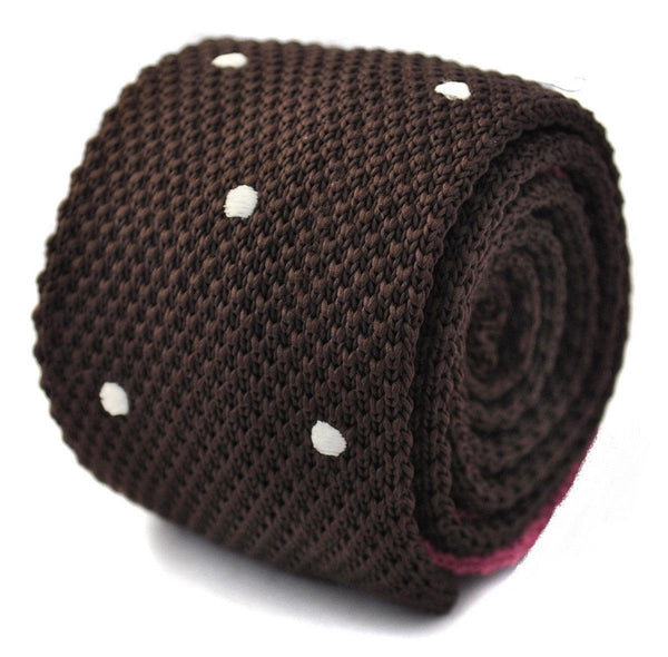 chocolate brown skinny knitted tie with white polka dots