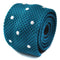 teal skinny knitted tie with white polka dots
