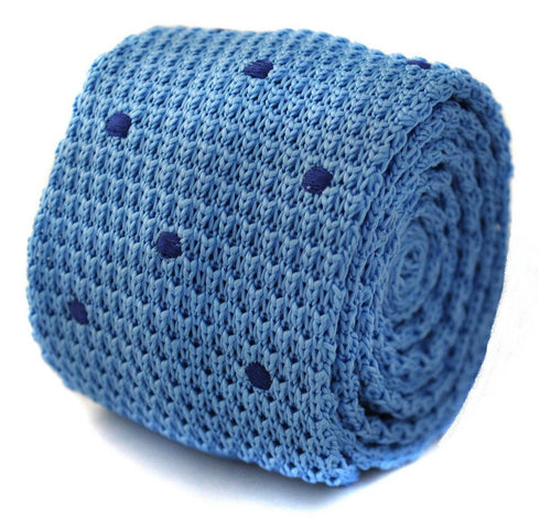 light blue skinny knitted tie with dark blue polka dots