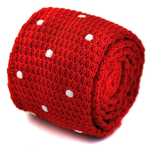 red skinny knitted tie with white polka dots