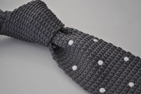 knitted silver grey tie with white polka dots