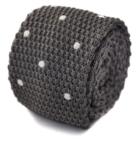 knitted silver grey tie with white polka dots