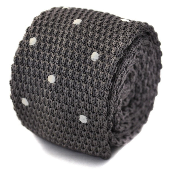 knitted silver grey tie with white polka dots