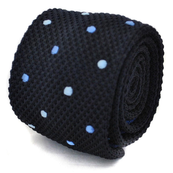 navy blue skinny knitted tie with light blue polka dots