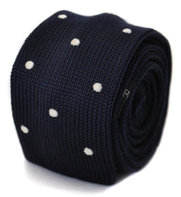 knitted navy skinny tie with white polka dots