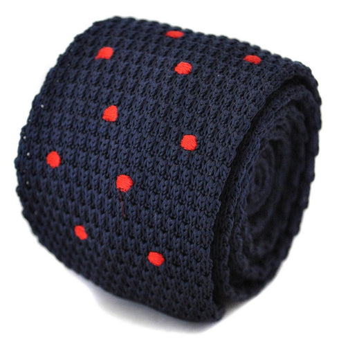 navy blue skinny knitted tie with red polka dots design