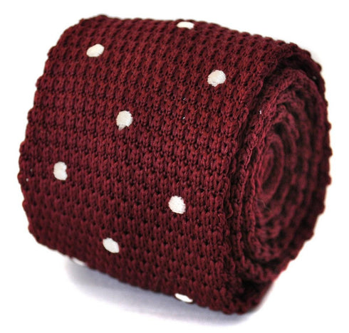 knitted dark red maroon tie with white polka dots