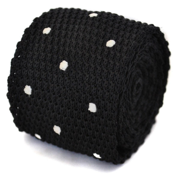 black skinny knitted tie with white polka dots