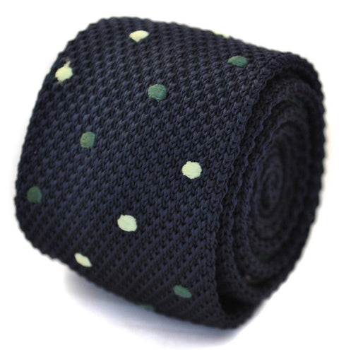 navy blue skinny knitted tie with green polka dots