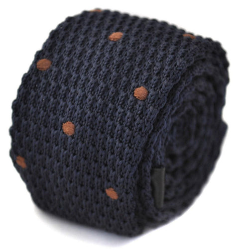 navy blue skinny knitted tie with brown polka dots