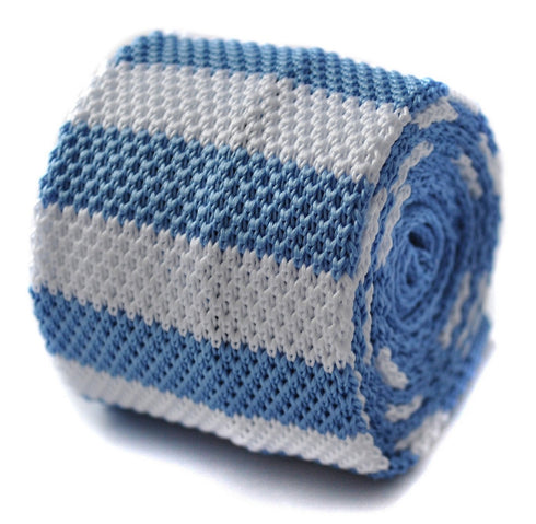white and light blue striped skinny knitted tie