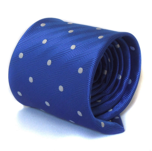 electric blue tie with white polka dots