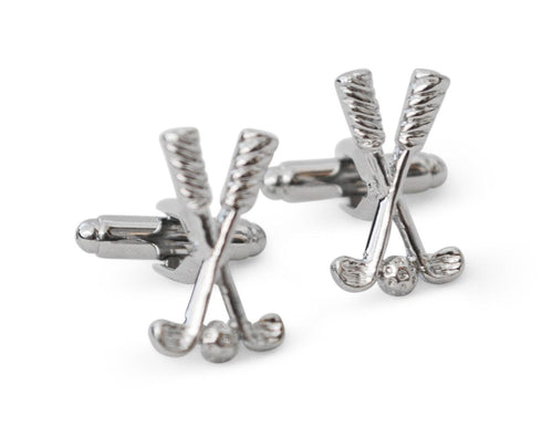 silver coloured golf clubs and ball cufflinks