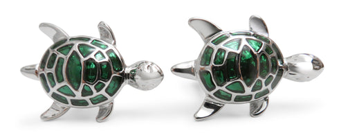 silver and green turtle cufflinks